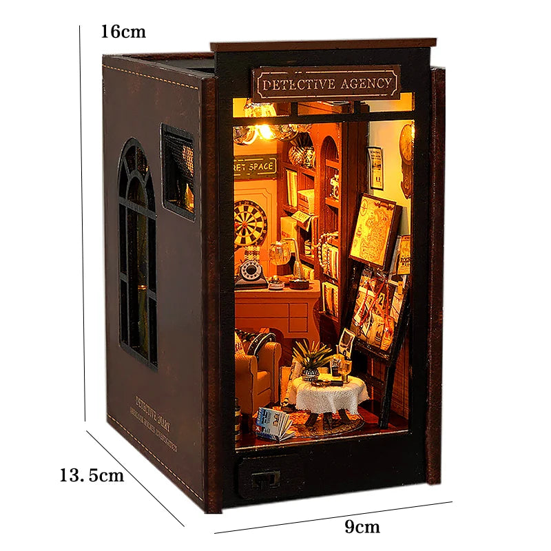 DIY Book Nook Shelf Insert Kit with LED Lights - 3D Wooden Miniature Diorama | Bookend Dollhouse Assembly Model | Christmas Gift for Book Lovers 14+