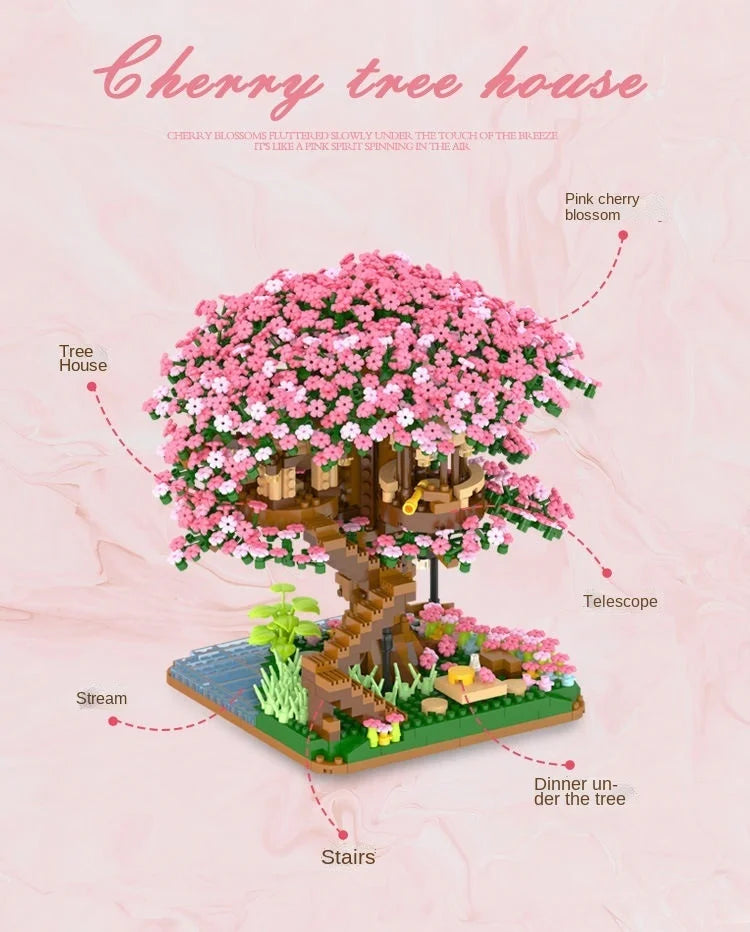 Cherry Blossom Tree Building Blocks with LED Lights - DIY Sakura Treehouse Model | Romantic Gift Set for Adults & Teens | Micro Brick Construction Kit 14+