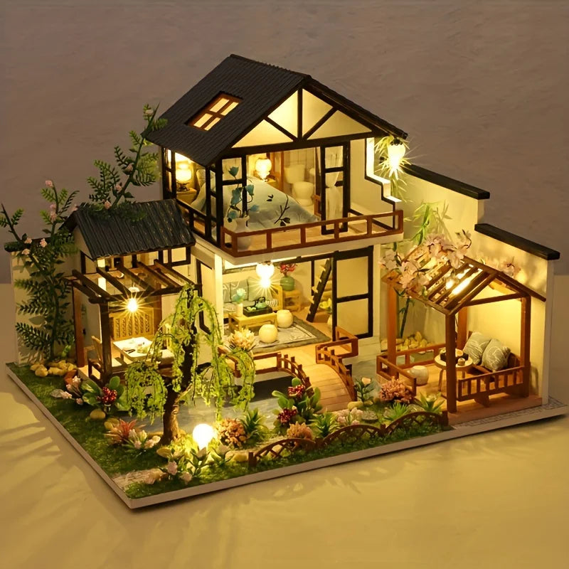 DIY Wooden Dollhouse Kit - Miniature 3D Puzzle Assembly Model, Pastoral Architecture Micro House with Accessories - Birthday Christmas Gifts for Teens, Adults, Home Decor Collectible
