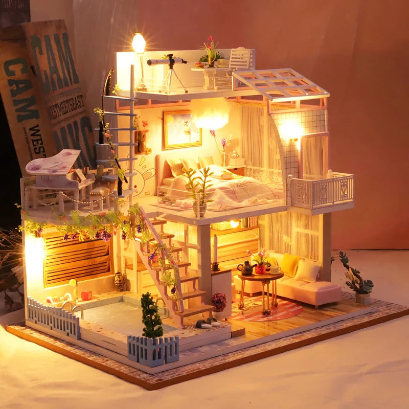 Mini Dollhouse DIY Kit with LED Lights - 3D Wooden Puzzle House Building Set with Furniture for Adults & Teens 14+ | Home Decor Model