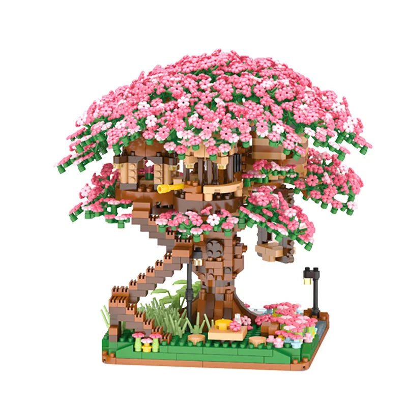 Cherry Blossom Tree Building Blocks with LED Lights - DIY Sakura Treehouse Model | Romantic Gift Set for Adults & Teens | Micro Brick Construction Kit 14+