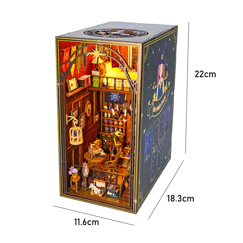 DIY Book Nook Shelf Insert Kit with LED Lights - 3D Wooden Miniature Diorama | Bookend Dollhouse Assembly Model | Christmas Gift for Book Lovers 14+