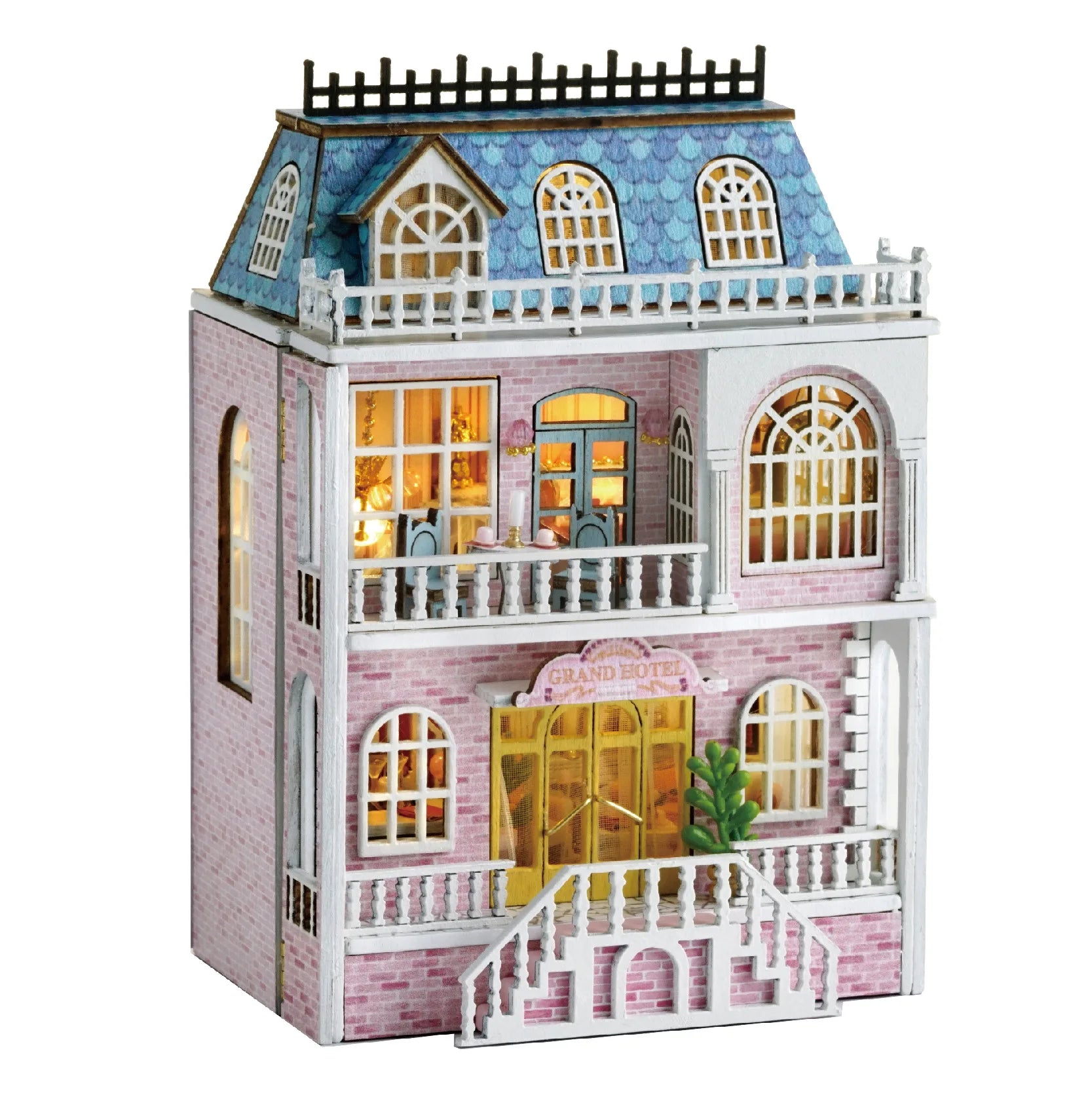 Zuuton DIY Mini Wooden Dollhouse Kit with Furniture & LED Lights - Pink Princess Villa Miniature House Assembly Model, Casa Doll House Toys - Birthday Gift for Girls, Teens, Adults 14+