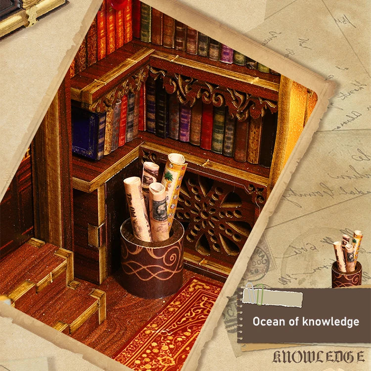 DIY Book Nook Shelf Insert Kit with LED Lights - 3D Wooden Miniature Diorama | Bookend Dollhouse Assembly Model | Christmas Gift for Book Lovers 14+