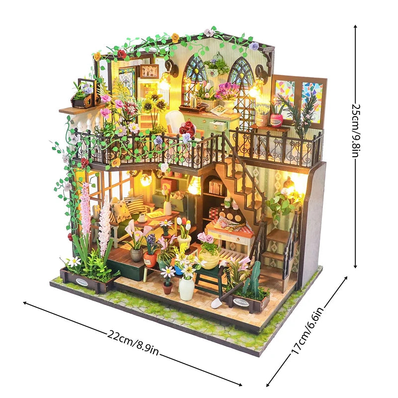 DIY Flower House Dollhouse Kit with LED Lights - Wooden 3D Miniature Building Set | Handmade Craft Model for Adults & Teens 14+ | Creative Assembly Toy