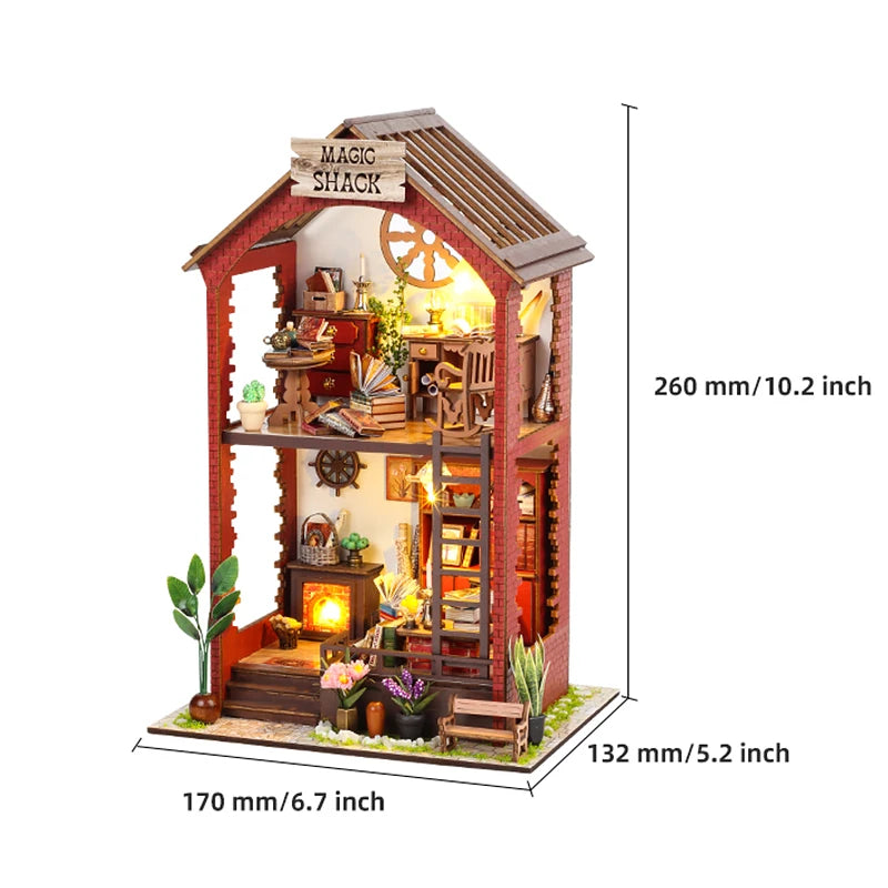 DIY Book Nook Shelf Insert Kit with LED Lights - 3D Wooden Miniature Diorama | Bookend Dollhouse Assembly Model | Christmas Gift for Book Lovers 14+