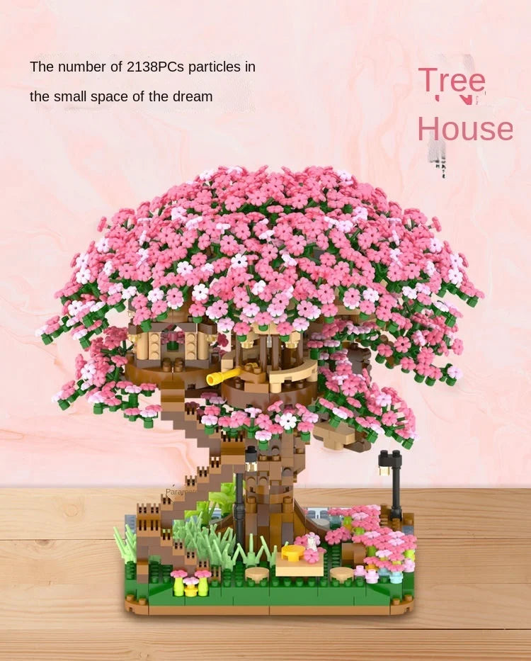 Cherry Blossom Tree Building Blocks with LED Lights - DIY Sakura Treehouse Model | Romantic Gift Set for Adults & Teens | Micro Brick Construction Kit 14+