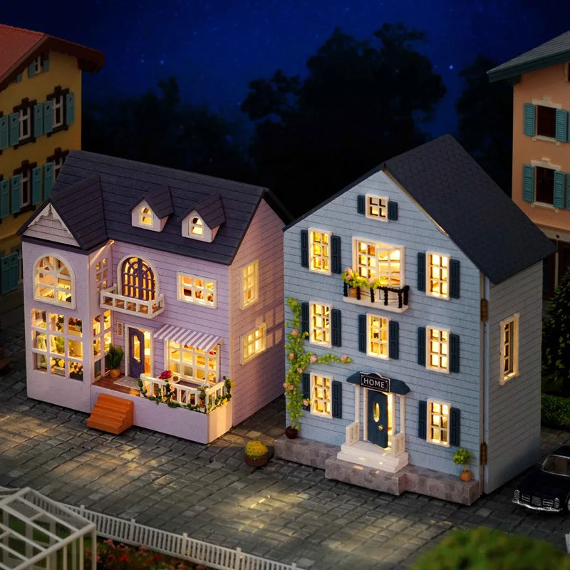 Zuuton DIY Mini Wooden Dollhouse Kit with Furniture & LED Lights - Pink Princess Villa Miniature House Assembly Model, Casa Doll House Toys - Birthday Gift for Girls, Teens, Adults 14+