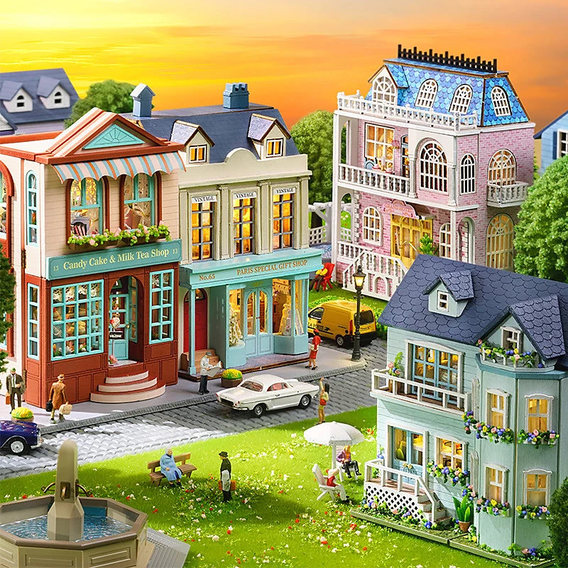 Zuuton DIY Mini Wooden Dollhouse Kit with Furniture & LED Lights - Pink Princess Villa Miniature House Assembly Model, Casa Doll House Toys - Birthday Gift for Girls, Teens, Adults 14+