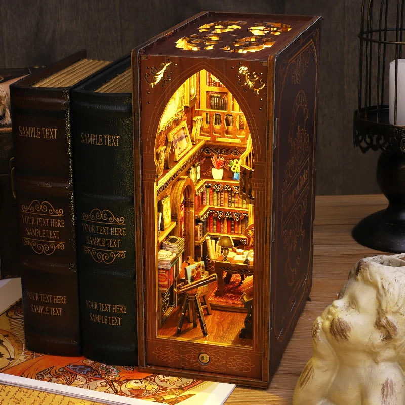 DIY Book Nook Kit for Bookshelves | 3D Wooden Puzzle Diorama with LED Light | Unique Gift for Adult Book Lovers