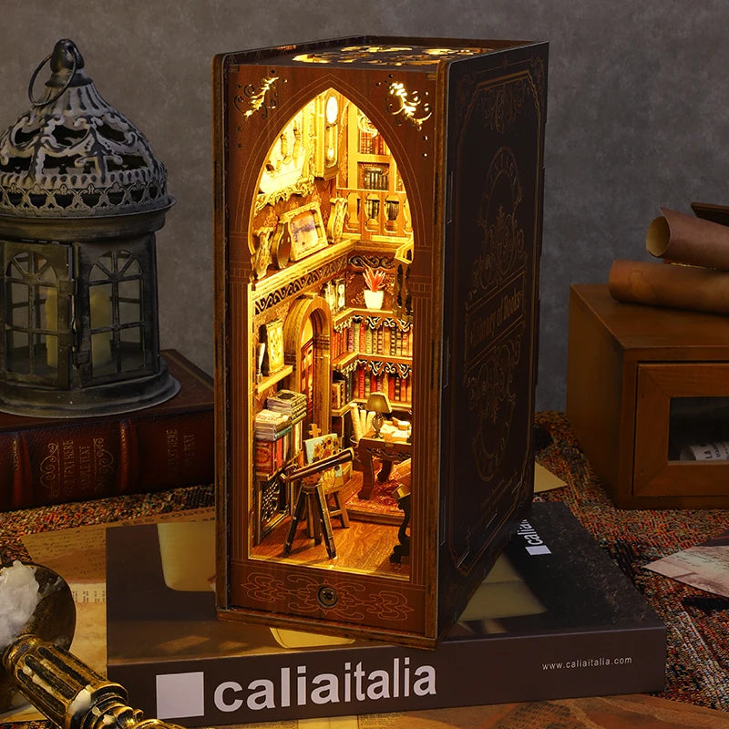 DIY Book Nook Shelf Insert Kit with LED Lights - 3D Wooden Miniature Diorama | Bookend Dollhouse Assembly Model | Christmas Gift for Book Lovers 14+