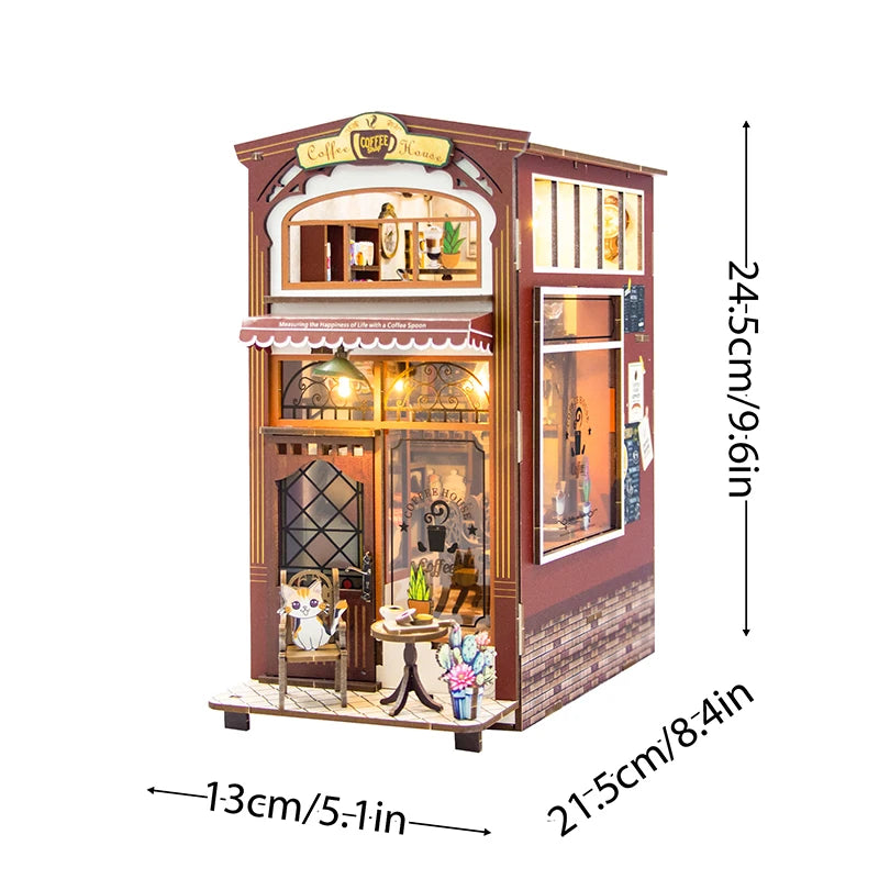 DIY Book Nook Shelf Insert Kit with LED Lights - 3D Wooden Miniature Diorama | Bookend Dollhouse Assembly Model | Christmas Gift for Book Lovers 14+