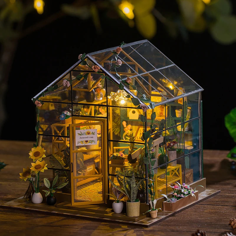 DIY Flower House Dollhouse Kit with LED Lights - Wooden 3D Miniature Building Set | Handmade Craft Model for Adults & Teens 14+ | Creative Assembly Toy