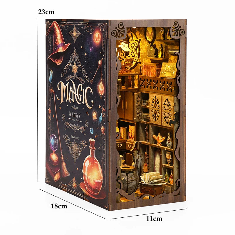 DIY Book Nook Shelf Insert Kit with LED Lights - 3D Wooden Miniature Diorama | Bookend Dollhouse Assembly Model | Christmas Gift for Book Lovers 14+